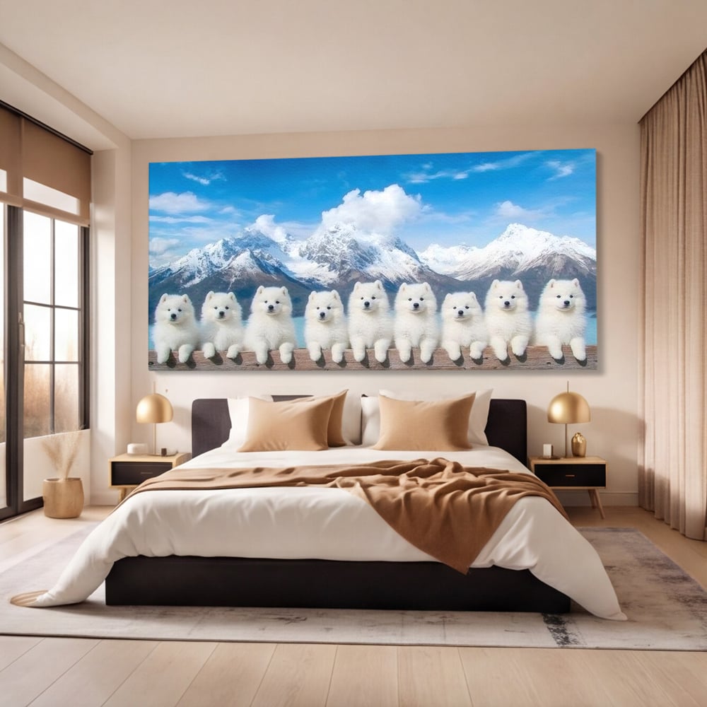 Tablou canvas cu tablou canvas cu sapte catei pe munti, fara rama, pe sasiu de lemn, pe perete intr-un dormitor